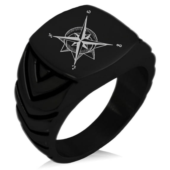 Stainless Steel Nautical Moon & Sun Compass Chevron Pattern Biker Style Polished Ring