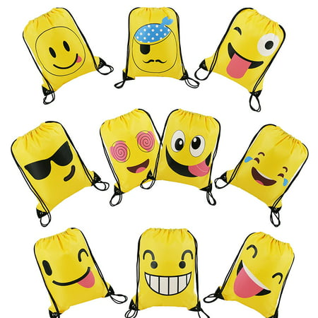 Emoji Drawstring Backpack Bags 10 Pack Cute Designs, Gift Goody Birthday Party Favor Bags Supplies for Kids Teens Girls and Boys