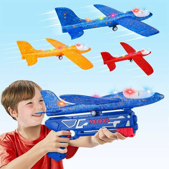Wupuaait Foam Airplane Gliders 3 Catapult Airplane Toy with LED Lights and Launcher Gifts for 4-12 Years Old Kids, Red, Orange, Blue