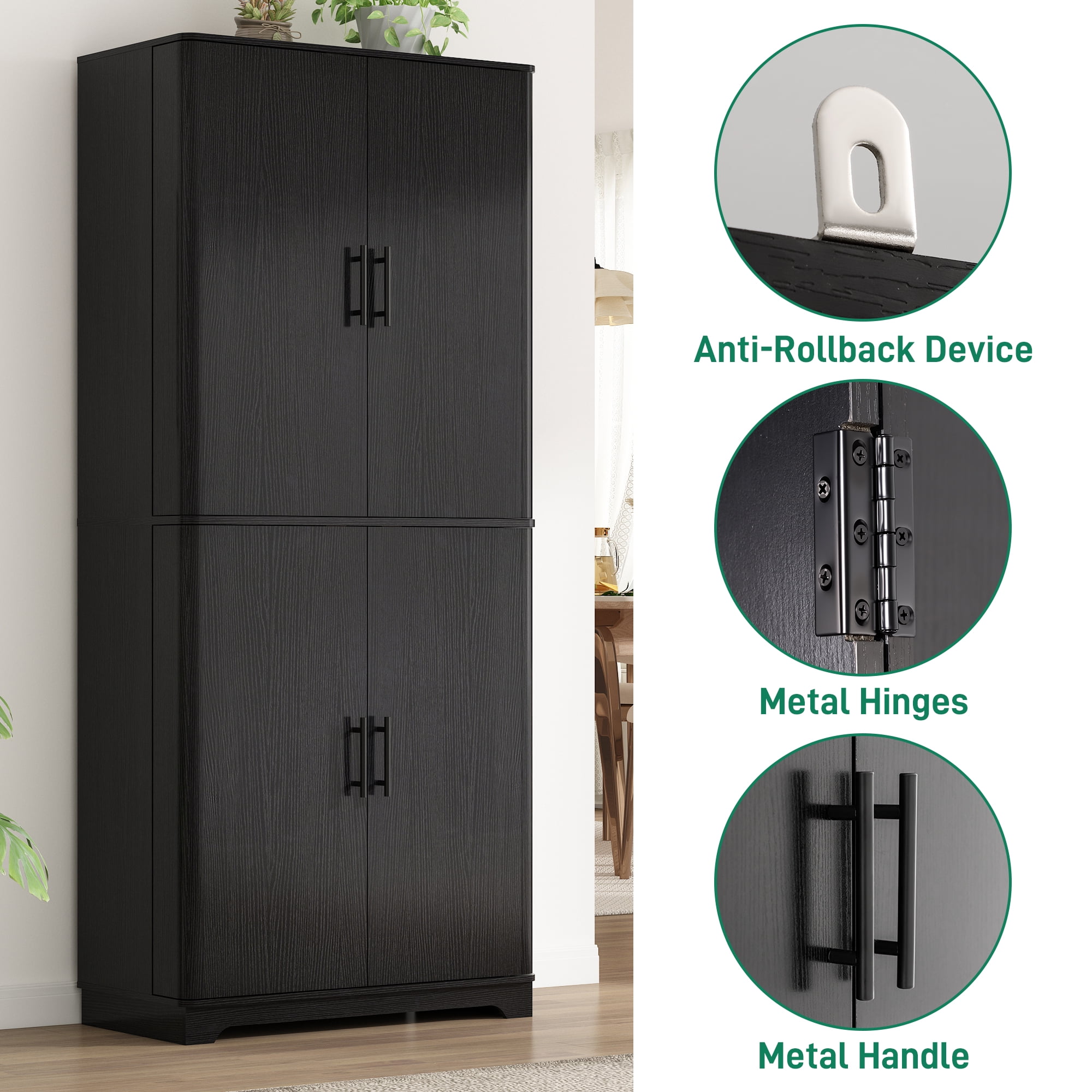 Blotout 72" Tall Kitchen Pantry Cabinet w/ 12 Side Shelves, 6 Layers Modern Cabinet Wood Cupboard, 4 Wood Doors Storage Cabinet w/ Adjustable Shelves for Kitchen, Dining Room, Living Room, Black