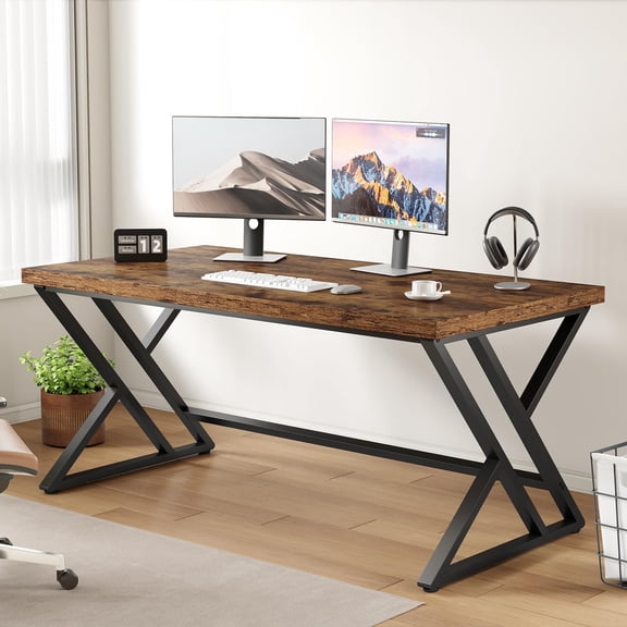 Paasyonmate 55" Computer Desk, Large Office Desk with Metal Frame, Brown Table for Home Office