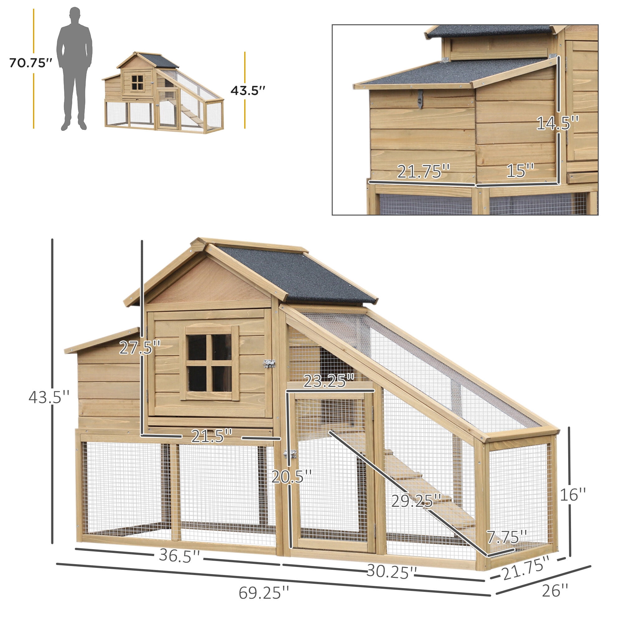 Dog Crate, PawHut 69" Wooden Chicken Coop, Poultry Cage Hen House with Connecting Ramp, Removable Tray, Ventilated Window and Nesting Box, Natural, Natural Pet Playpen,Wood Chicken Coop