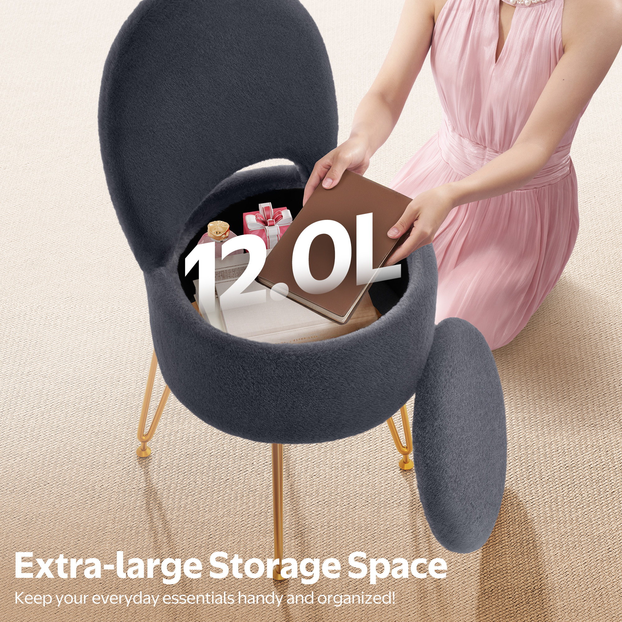 Greenstell Round Storage Ottoman, 15.7”L x 15.7”W x 19.5”H Upholstered Vanity Faux Fur Chair with Lumbar Support, Small Foot Stools Coffee Table Padded Seat for Makeup Room (Gray)