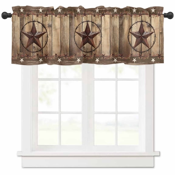 Hokiten Rod Pocket Curtain Valance, Rustic Country Farmhouse Window Valance for Living Room, Bedroom, Kitchen Western Stars Brown Texture Wooden Print 42"W x 18"L