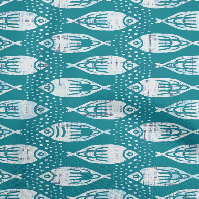 oneOone Polyester Spandex Dark Teal Green Fabric Asian Block Fish Sewing Craft Projects Fabric Prints By Yard 56 Inch Wide