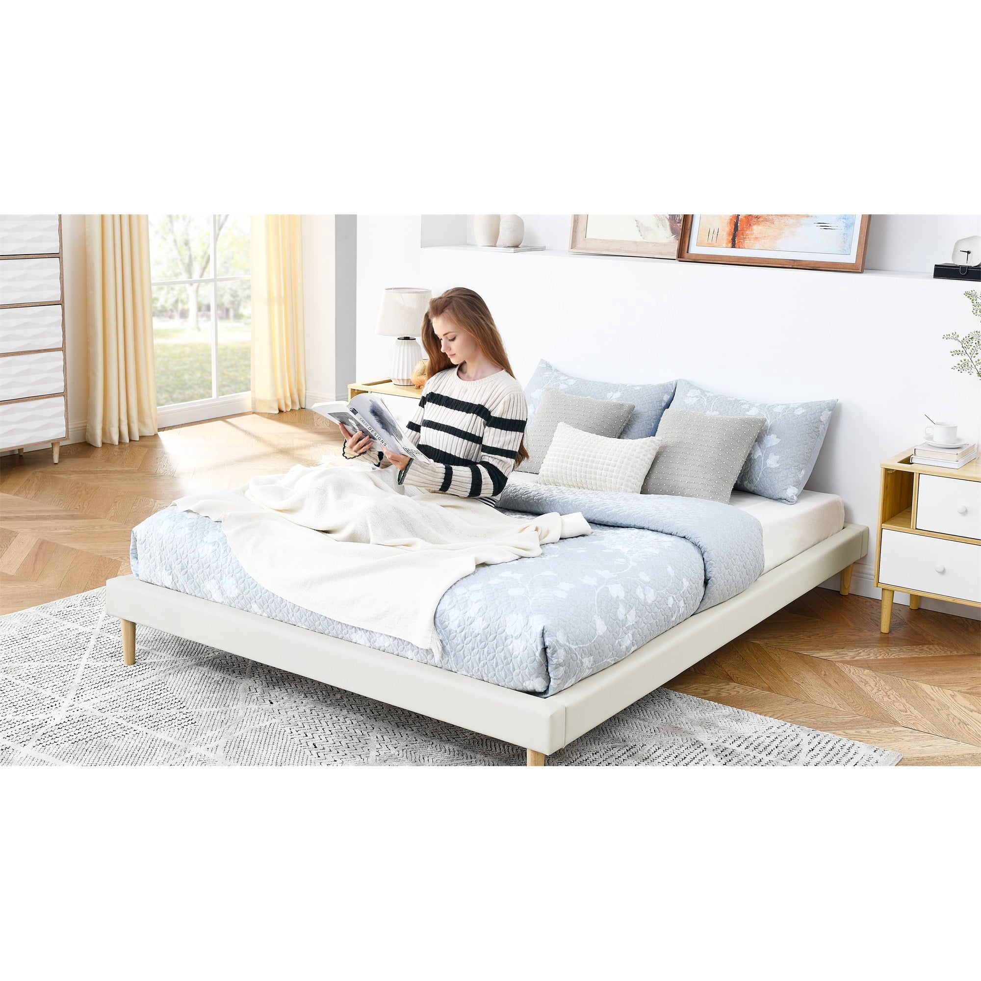 Headboard-Free King Size Wood Slat Platform Bed Frame,White