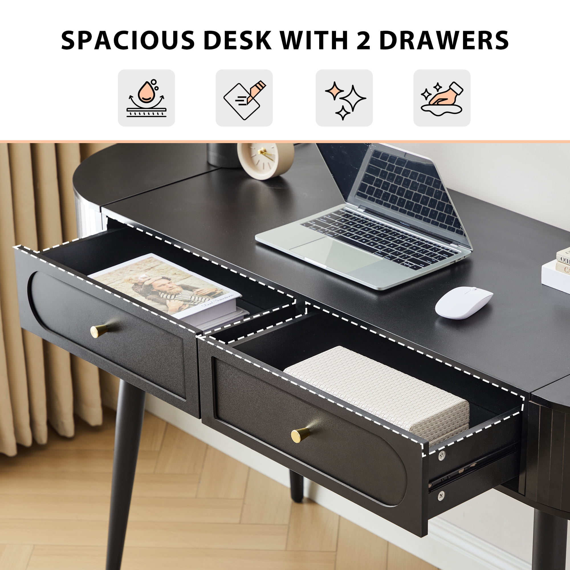 YOCWO Modern Home Office Desk with 2 Drawers and 2 Flip-top Storage, Oval Computer PC Desk Table, Vanity Desk with Fluted Curved Table Edge, Black