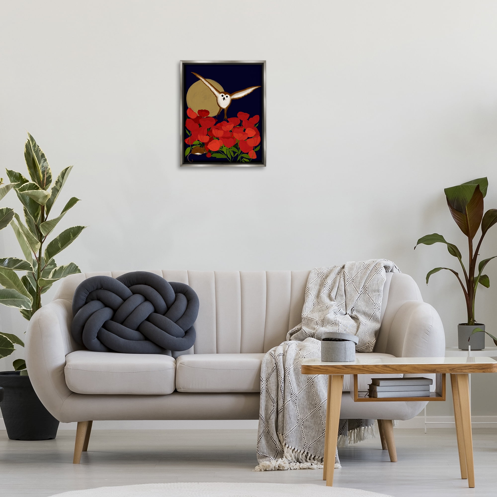 Stupell Industries Owl over Poppy Field Animals Painting Gray Floater Framed Canvas Art Print Wall Art, 17 x 21
