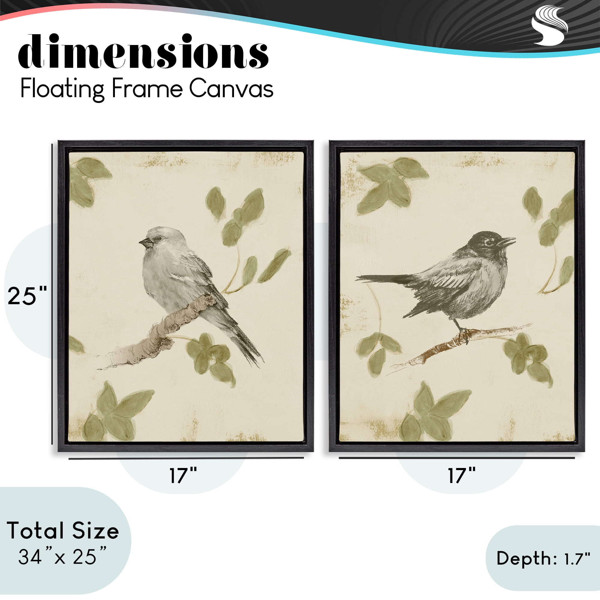 Stupell Industries Neutral Bird Scene 2 Piece Black Framed Floater Canvas Set, design by Lanie Loreth