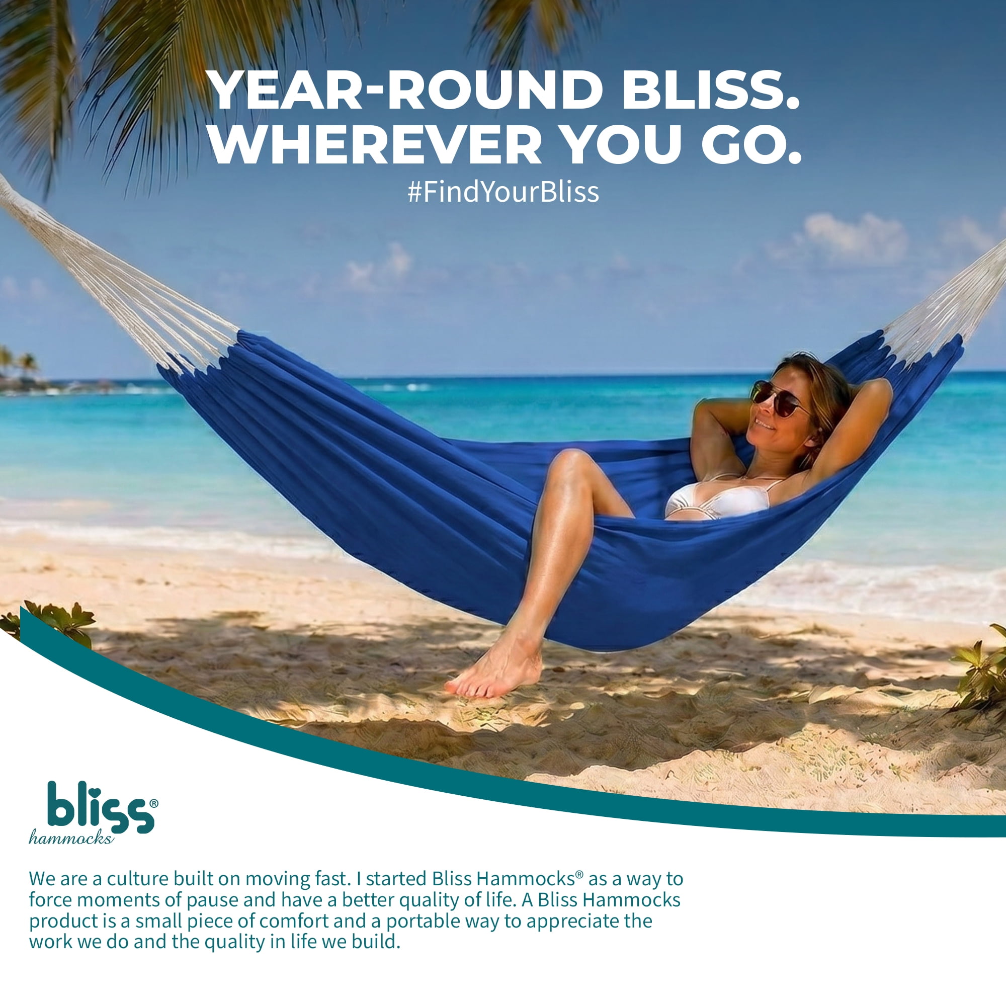 Bliss Hammocks 60"W Double Hammock with Rope Loops & Tree Straps, 265 lb, Dark Blue