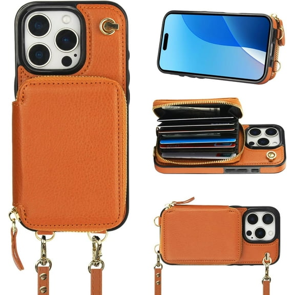 Crossbody Wallet Case for iPhone 16 Pro, RFID Blocking Leather Purse Case with Card Holder, Protective Handbag Flip Cover with Zipper Wrist Strap Lanyard for Women 5G 6.3 Inch (Brown)