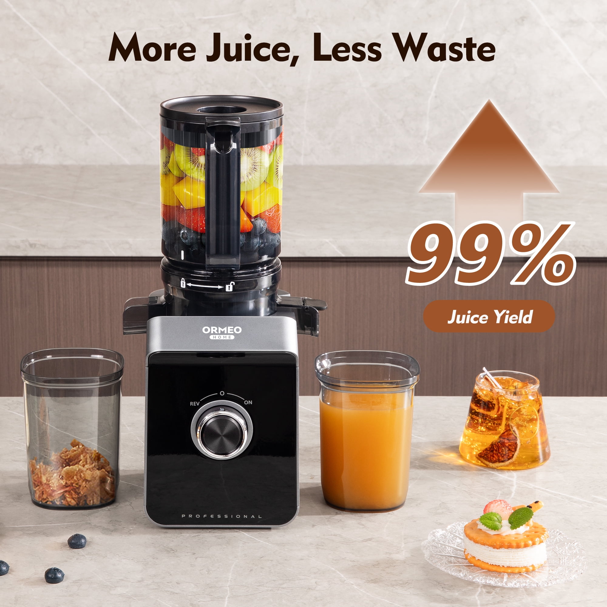 ORMEO HOME Cold Press Juicer Masticating Juicer Machines with 5.5" Large Feed Chute Fit Whole Vegetables & Fruits, with Pulp Seperation 99.6% Juice Purity, Quiet Motor Easy to Clean BPA Free