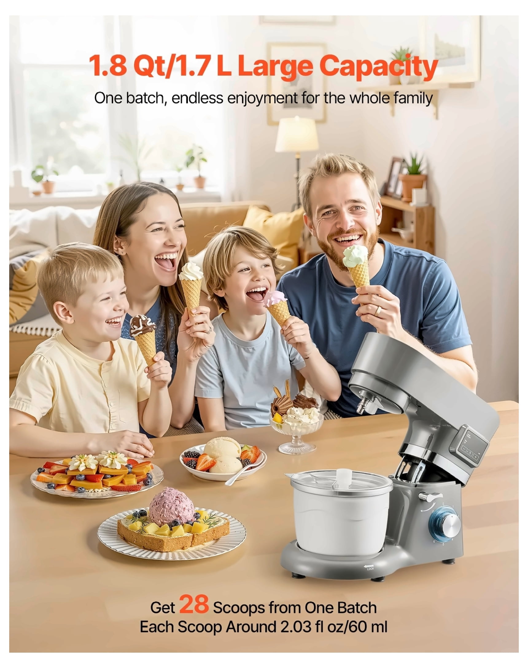 Electric Ice Cream Maker, 1.8 Qt Frozen Yogurt Machine with Digital Timer, 6-Speed, Includes Mixing Paddle & Dough Hook, for Sorbet, Gelato, Grey