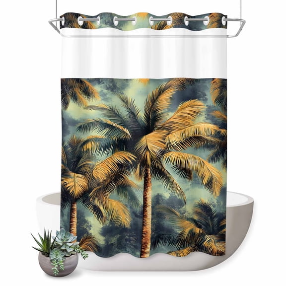 No Hook Shower Curtain, Palm Tree Shower Curtains for Bathroom with See Through Top Window, Retro Summer Botanical Tropical Plant Leaves Waterproof & Washable Bath Curtain Stall 48"x72"