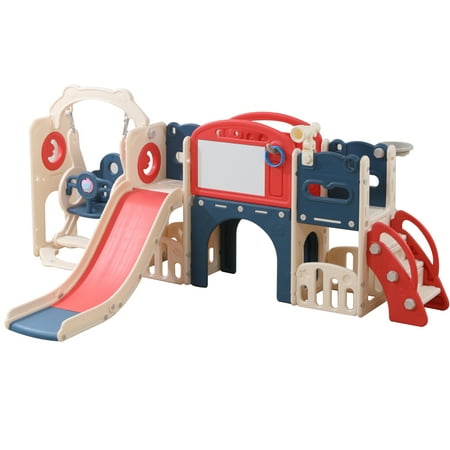 Kids Slide & Climber Playset 8-in-1 for Toddlers 1-3 Years – Indoor/Outdoor Playground with Basketball Hoop Ball Crawl Tunnel & Toy Storage – Compact for Home Backyard (Red and Blue)