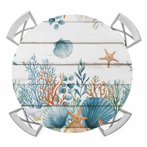 Elastic Fitted Round Tablecloth, Teal Blue Coastal Waterproof Stretch Table Cover for 36"-44" Tables, Summer Beach Starfish Shell Coral Nautical Vintage Washable Outdoor Tablecloths for Patio, Picnic