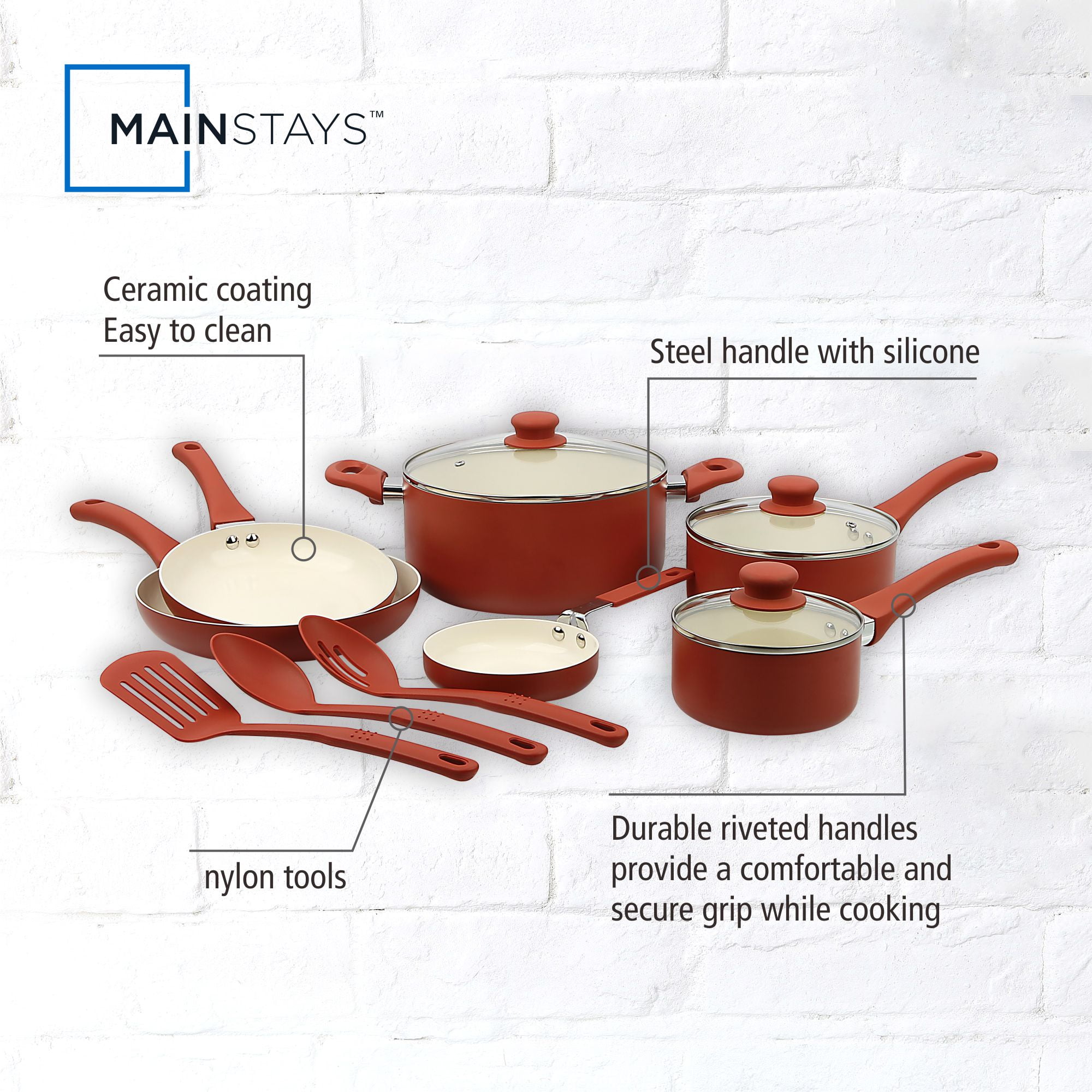 Mainstays Ceramic Aluminum 12 Pieces Set Red Canyon Nonstick