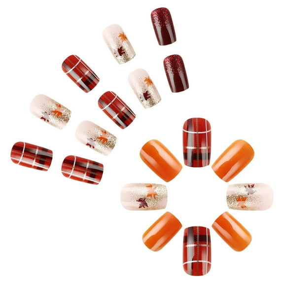 Fall Press on Nails Square Maple Leaves False Nails French Tip Nails Art Decoration Thanksgiving Artificial Nails