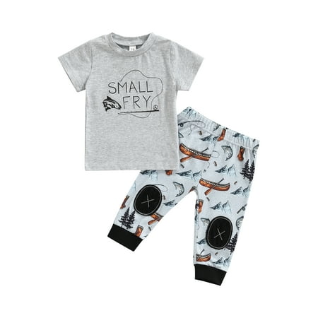 

Suanret Infants Boys Summer 2Pcs Streetwear Sets Gray Short Sleeve Letter Print T-shirt Fish Print Pants Gray 12-18 Months