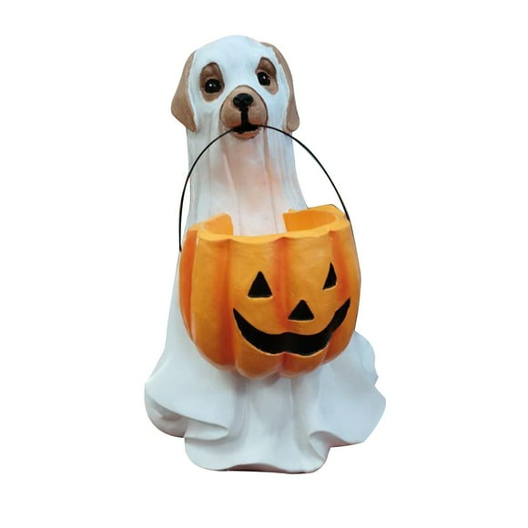 Aihimol Halloween Ghost Dog Statue,Spooky Ghost Dog Halloween Figurine,Halloween Ghost Dog with Pumpkin Candy Bowl Holder Fall Decor Gifts for Indoor Outdoor Halloween Party Decorations