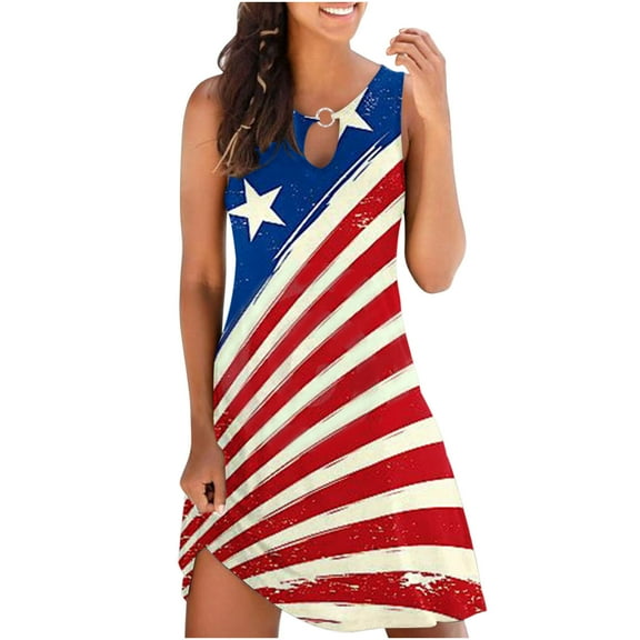 Summer Saving Wycnly Dresses for Women Independence Day Hollowed Patriotic Tunic Tank Mini Dresses Round Neck Sleeveless Star Striped Print Summer Short Formal Dress Beige m
