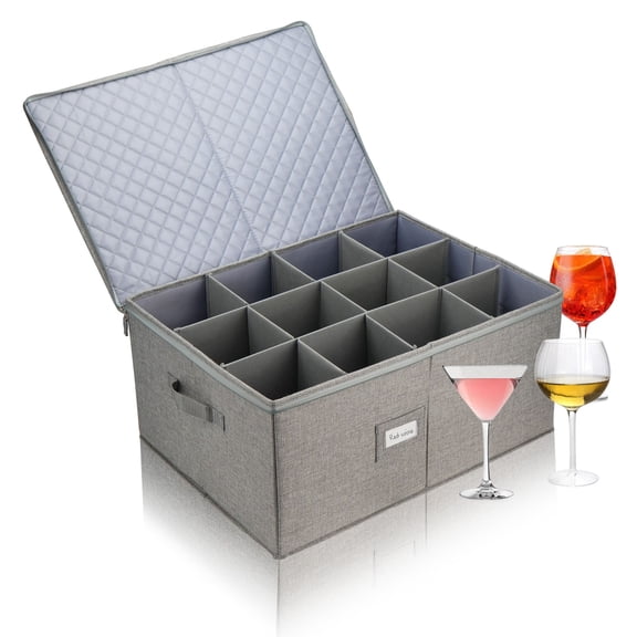 LotFancy (Grey) Storage Box with Dividers for 12 Goblets, 21x15.5x10 in