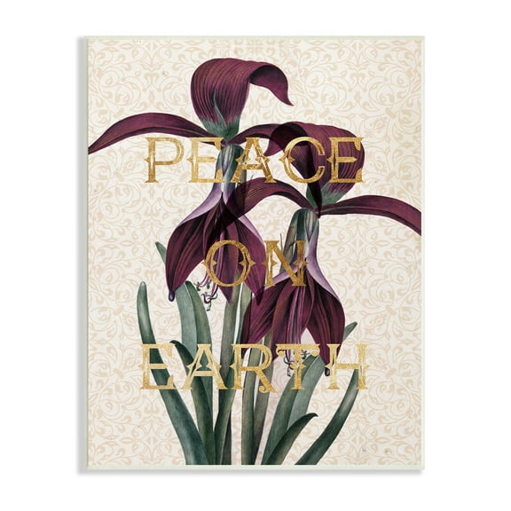 Stupell Industries Peace On Earth Phrase Purple Iris Elegant Pattern Botanical & Floral Painting Unframed Art Print Wall Art, 10 x 15