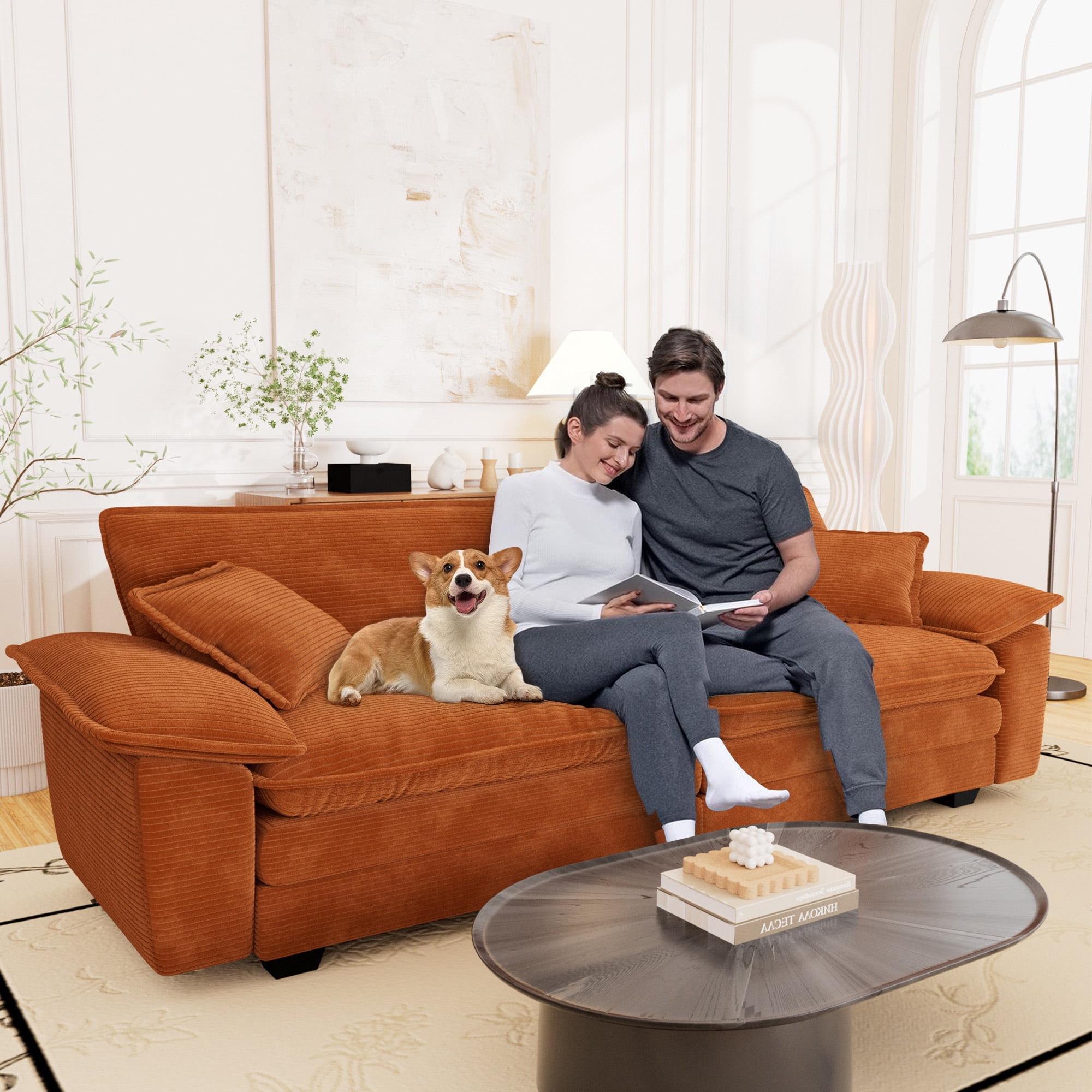 Muumblus 80.5" Corduroy Loveseat Sofa, Oversized Upholstered 2-Seater Fluffy Cloud Sleeper Couch for Living Room/Apt, Orange