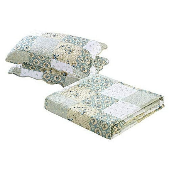 All American Collection New Reversible 2pc Floral Printed Patchwork Blue/Green Bedspread/Quilt Set Matching Curtains Available (Twin Size)