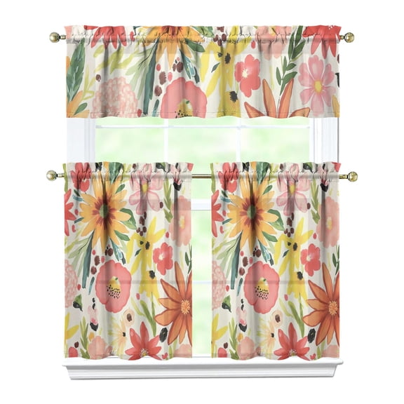 Colorful Flowers Kitchen Curtain Valance 3 Piece Set Short Curtain Sink Window Decor 36 Inch Small Window Treatment Tier 27.5x36 Length