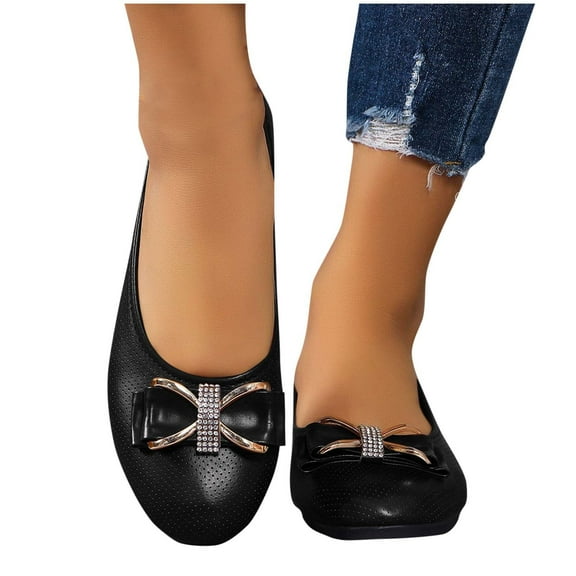 Xfvqtps Womens Comfortable Wedge Flats Breathable Round Toe Slip on Shoes with Rhinestones Lightweight Casual Shoes Black