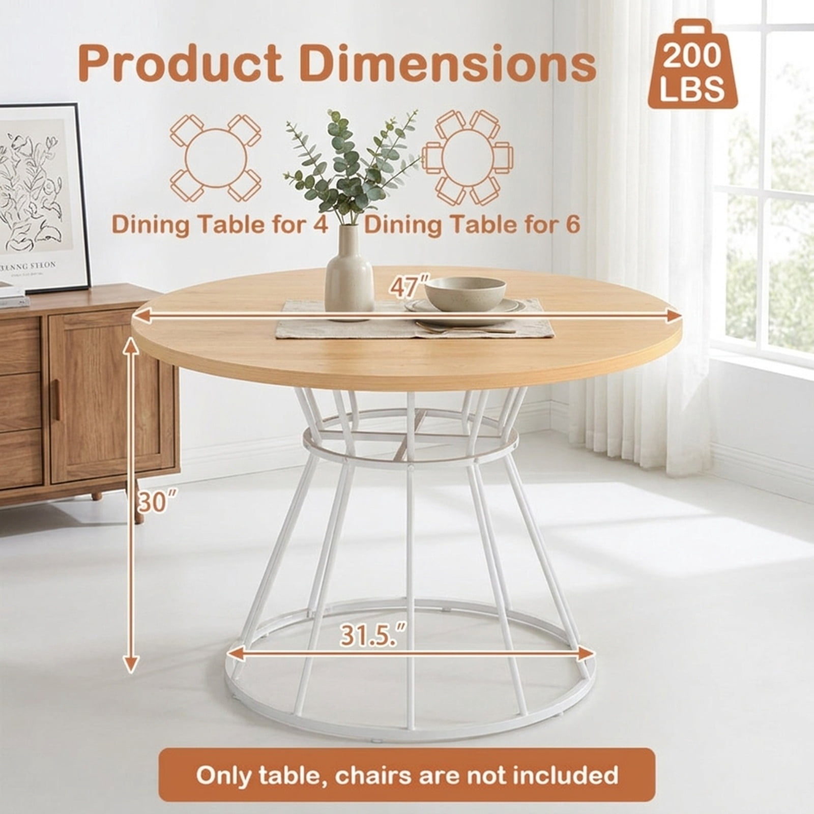 Furnibear 47 Inch Round Farmhouse Dining Table for 4 with Natural Wooden Tabletop