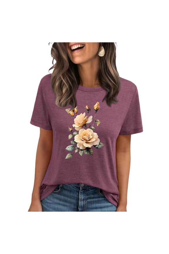 Women's Boho Flower T Shirt Vintage Flowers Printed Shirt Graphic Tee Casual Botanical Short Sleeve Tops