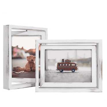 2 Pack 5x7 Rotating Floating Picture Frames,Double-Sided Display with HD Glass Front Wooden Distressed Frame for Vertical or Horizontal Tabletop Display, White