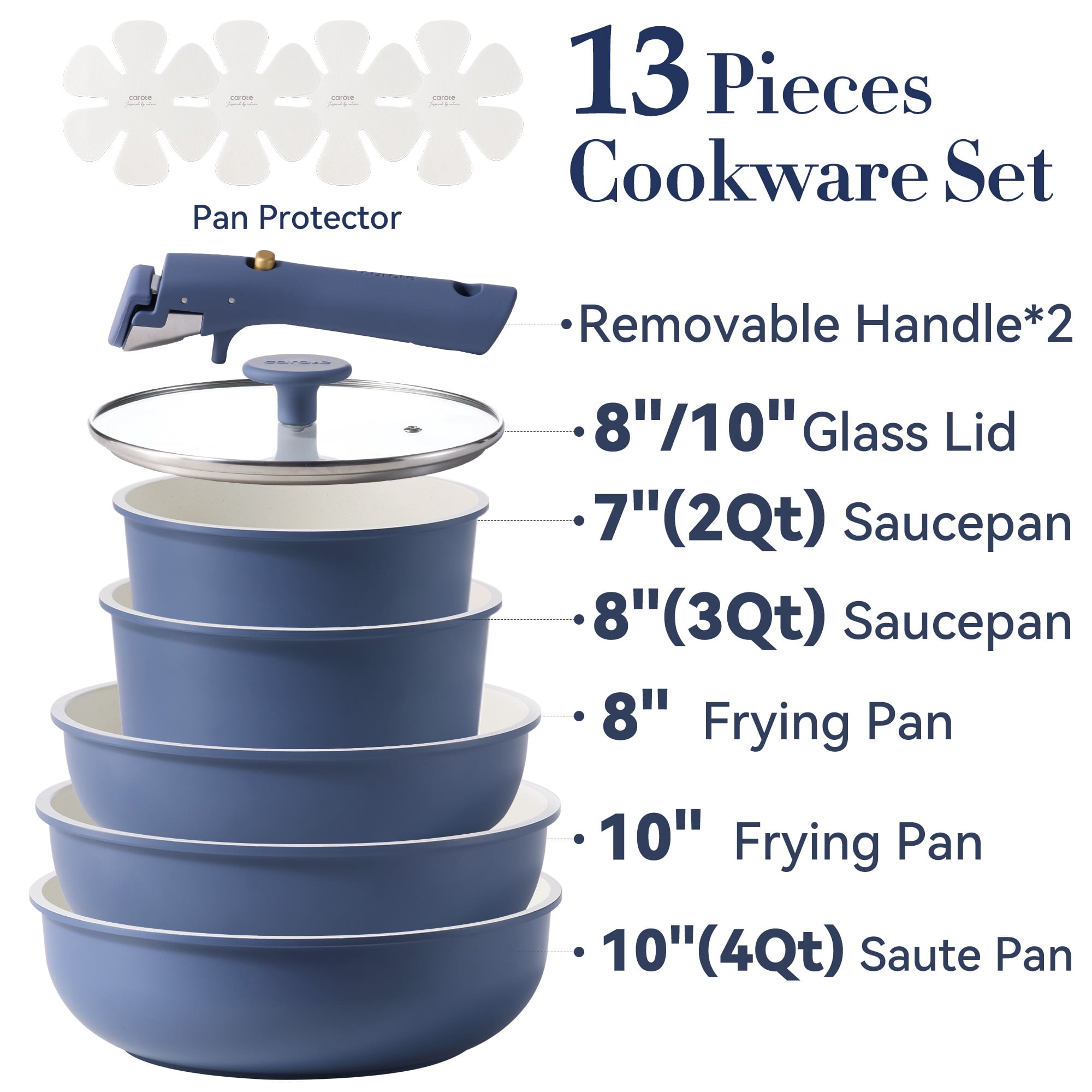 Carote 13 Pcs Nonstick Cookware Sets, Pots and Pans with Detachable Handles, Oven Safe, Stackable Kitchen Cooking Set, Induction Cookware, Navy Blue