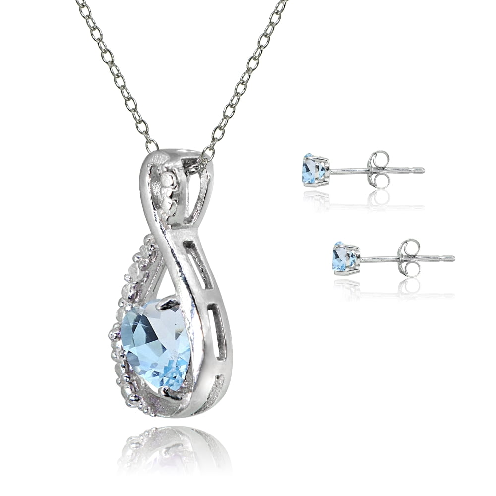 Sterling Silver Blue Topaz & Diamond Accent Infinity Heart Pendant Necklace & Stud Earrings Jewelry Set