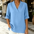 thumbnail image 5 of Women's Summer Shirts Casual Loose V-Neck Fixed Roll Cuff Short Sleeve Solid Color Blouses Lightweight cotton Linen Curved Hem Short Tops for Office Daily Wear, 5 of 7