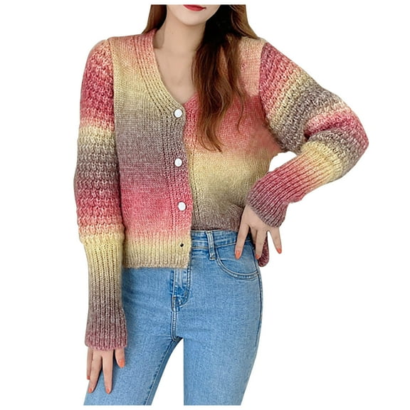 Women's Button Down Knit Cardigan Trendy Tie Dye Long Sleeve Cropped Sweaters Casual Loose Fall Coats Outwear Ladies Clothes