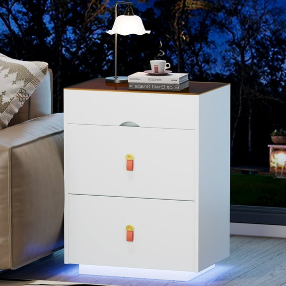 MDQMD Modern Bedside Tables with Glass Top for Jewelry Storage for Bedroom,30'' White Night Stand with LED Lights & 3 Drawers for Living Room
