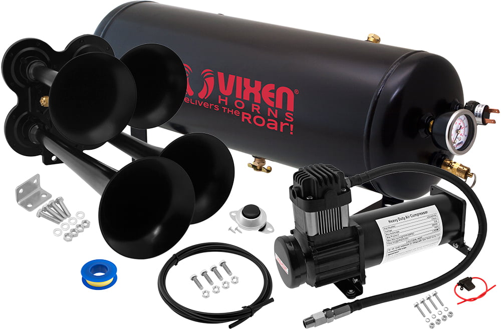 4 Trumpet Train Air Horn with 12 Volt Compressor and Kit Set for Vehicle Trucks Car SUV Black 