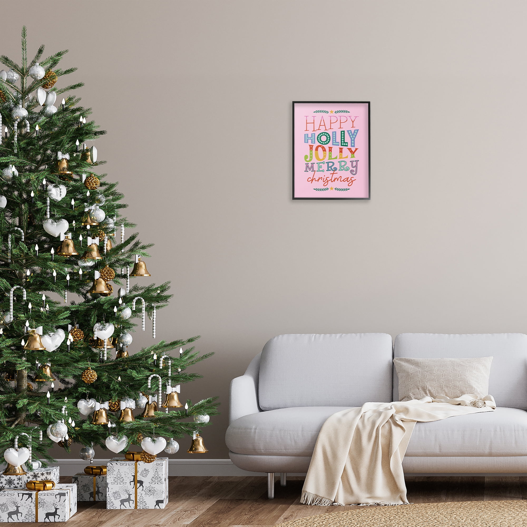Stupell Industries Happy Holly Jolly Xmas Holiday Painting Black Framed Art Prints Wall Art, 16 x 20