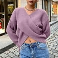 thumbnail image 2 of UJNDER Fashion Solid Crop V Neck Long Sleeve Knit Sweater Pullover for Women Purple M, 2 of 5