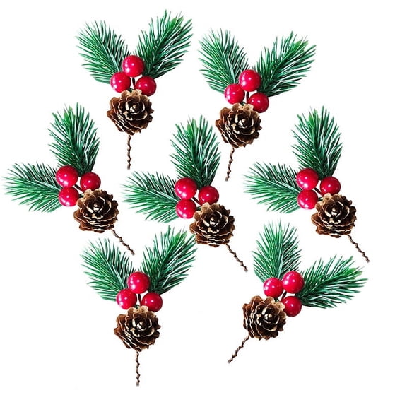 20 Pcs Christmas Pine Cone Picks Decorations Artificial Christmas Picks and Sprays Red Berry Stem Branches with Holly Leaves for Xmas Tree Christmas Wreath Decor (20)