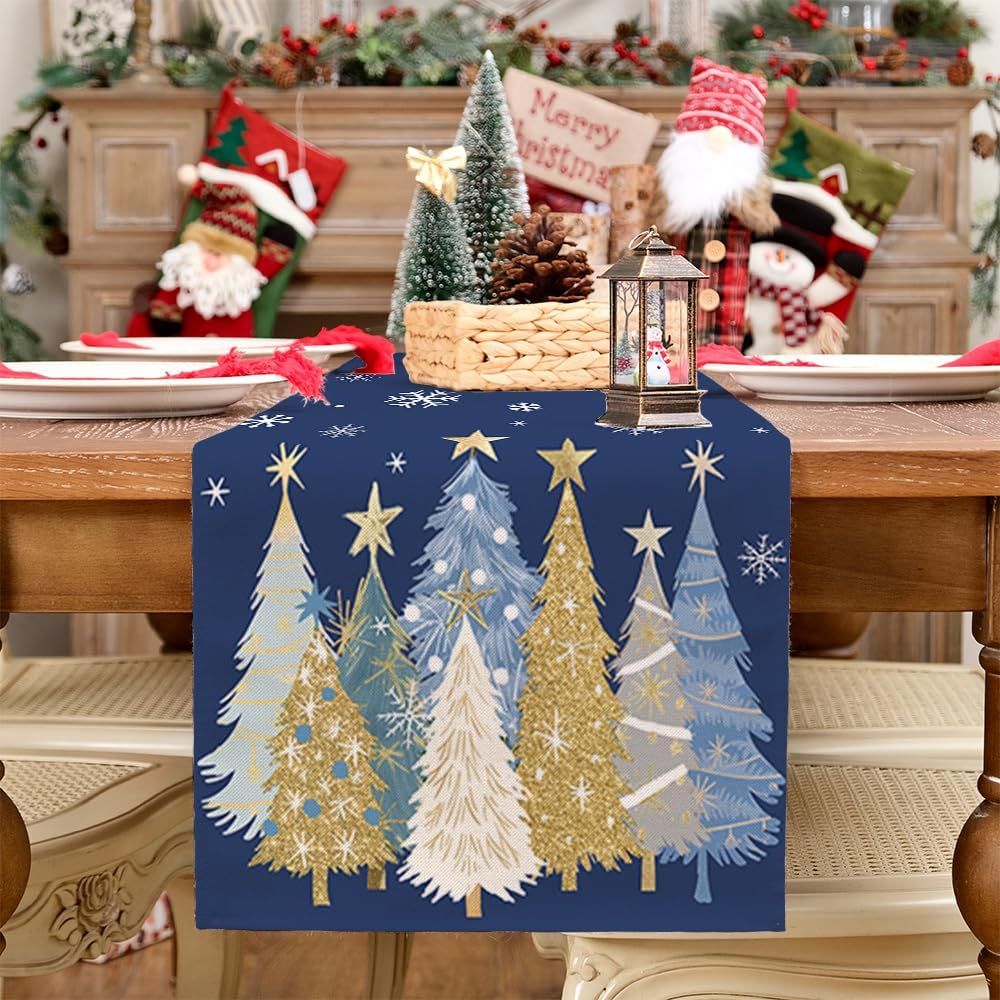 Christmas Table Runner 13x72 Inch, Xmas Trees Snowflakes Winter Holiday Decorative Farmhouse Table Decorations for Kitchen Dinning, Indoor Outdoor Dinner Party Decor