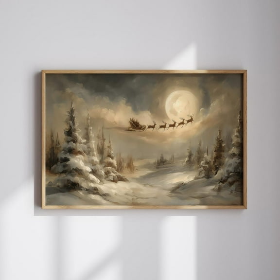 PosterArt Santa Sleigh Poster Wall Art, Vintage Reindeer Illustration Under Full Moon For Classic Holiday Decor, 8x12 UNFRAMED