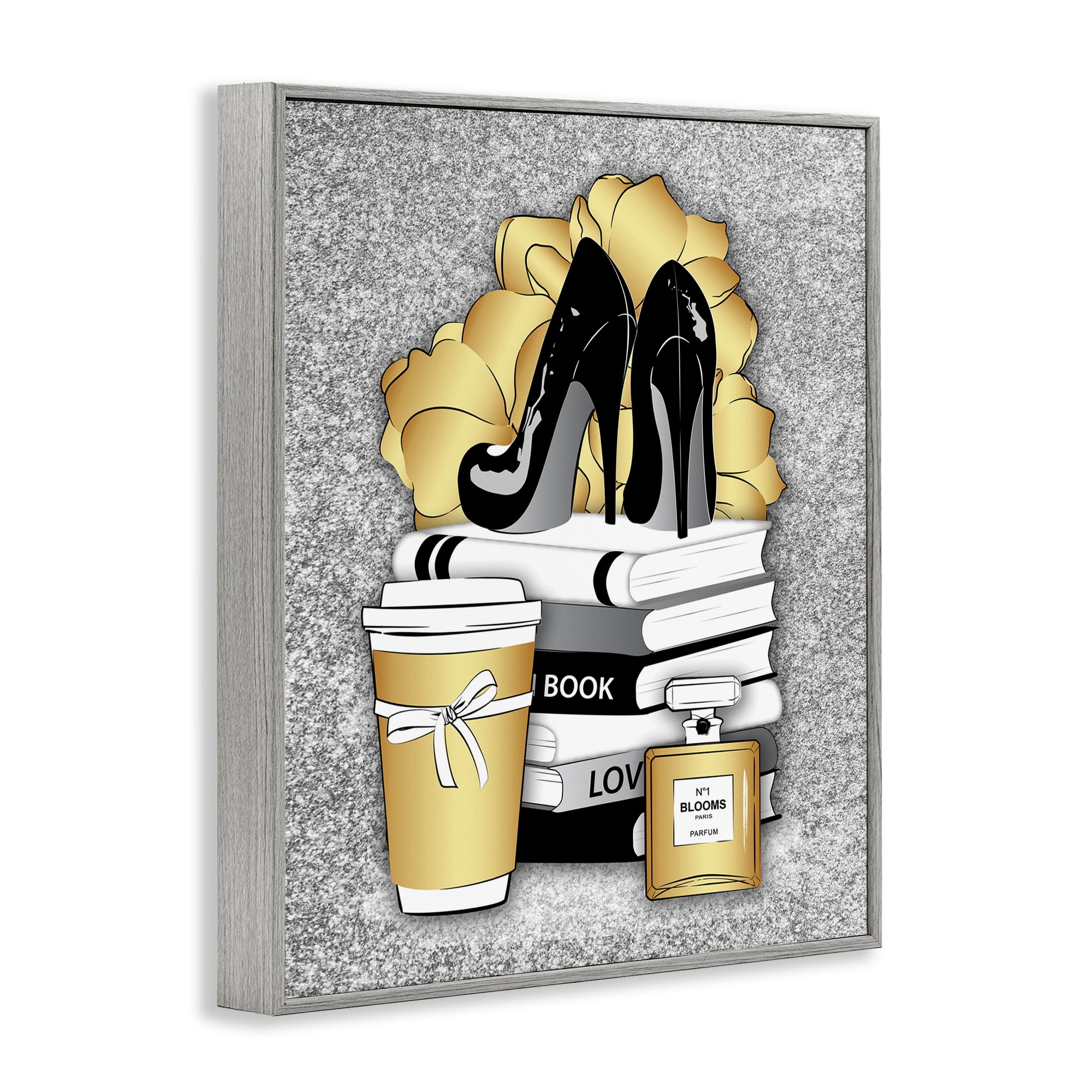Stupell Industries Gold & Black Glam Books Beauty & Fashion Painting Gray Framed Art Print Wall Art, 11 x 14