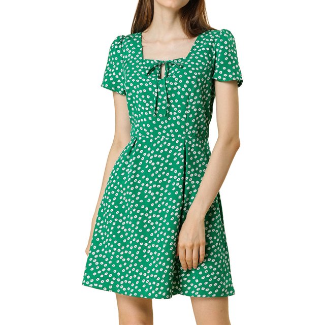 INSPIRE CHIC Robe Ligne A à Manches Courtes et Encolure Carrée à Fleurs pour Femmes