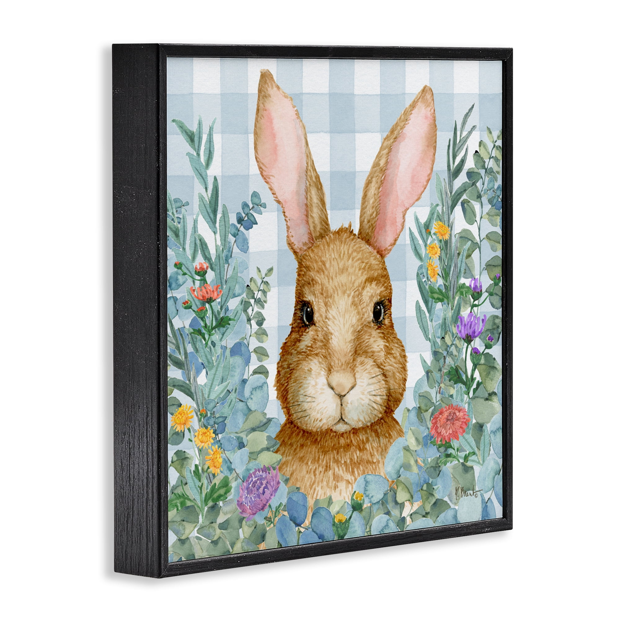Stupell Industries Rabbit Laurel on Gingham Black Framed Giclee Art, design by Paul Brent