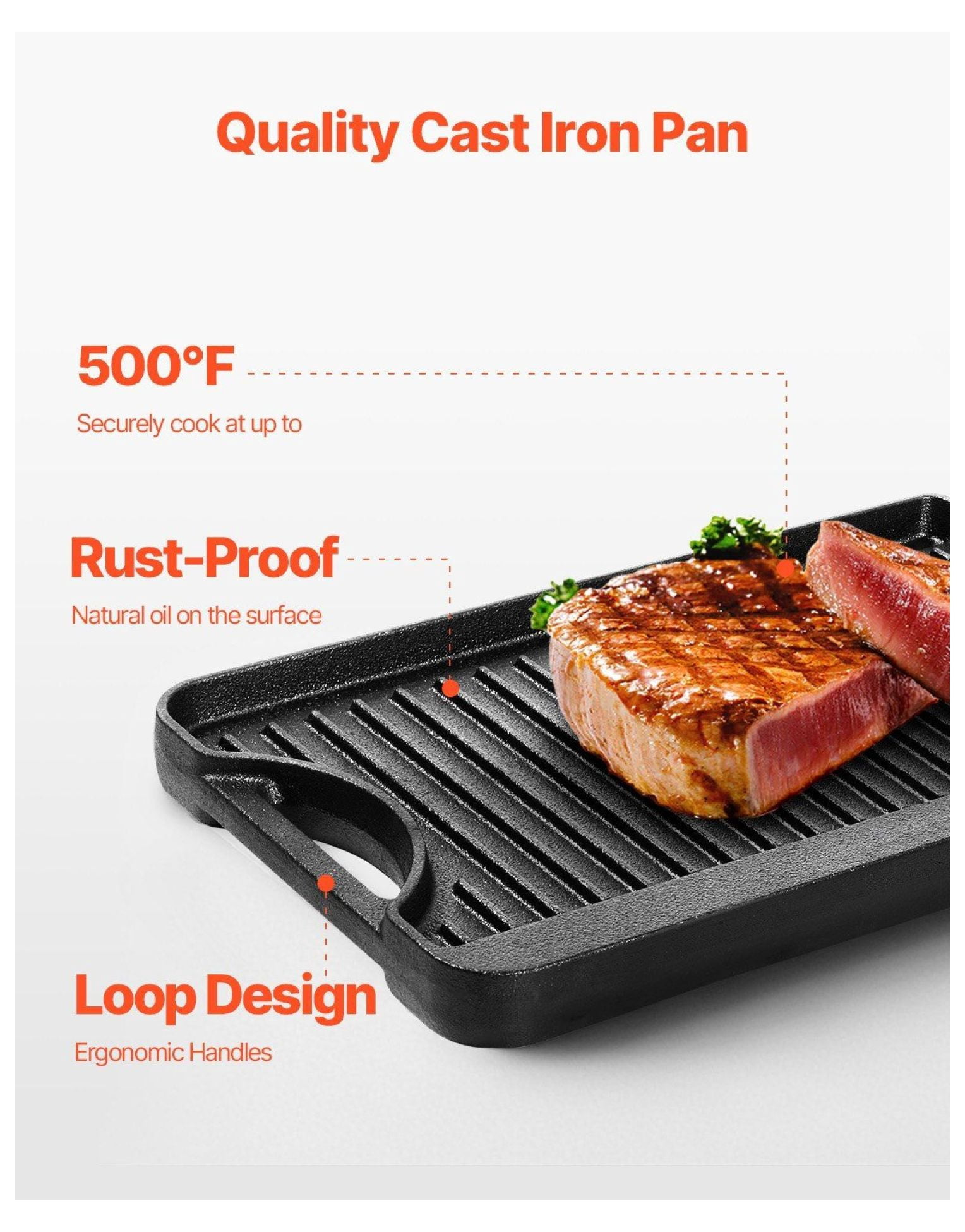 Cast Iron Griddle & Grill Pan, 14x8.5 Inch Reversible Cookware; Indoor Outdoor Stove Top, Gas, Camping BBQ, Pre-Seasoned Rectangular Griddle