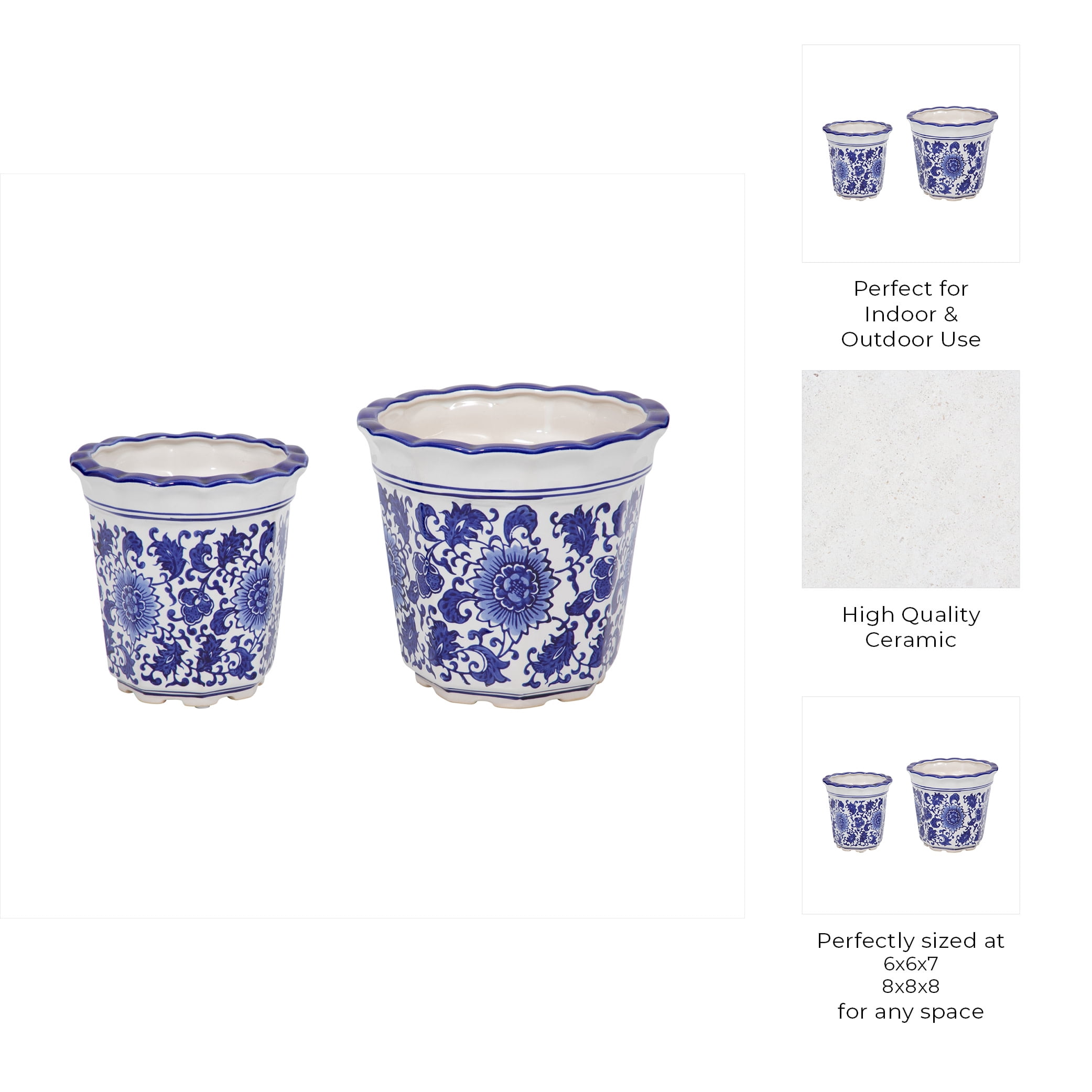Decorative Chinoiserie Flower Pots for Home Décor - Elegant Ceramic Plant Pots for Outdoor and Indoor Plants - Garden Accent for Living Room, Entryway, or Patio - Set of 2, 8", 7", Blue & White
